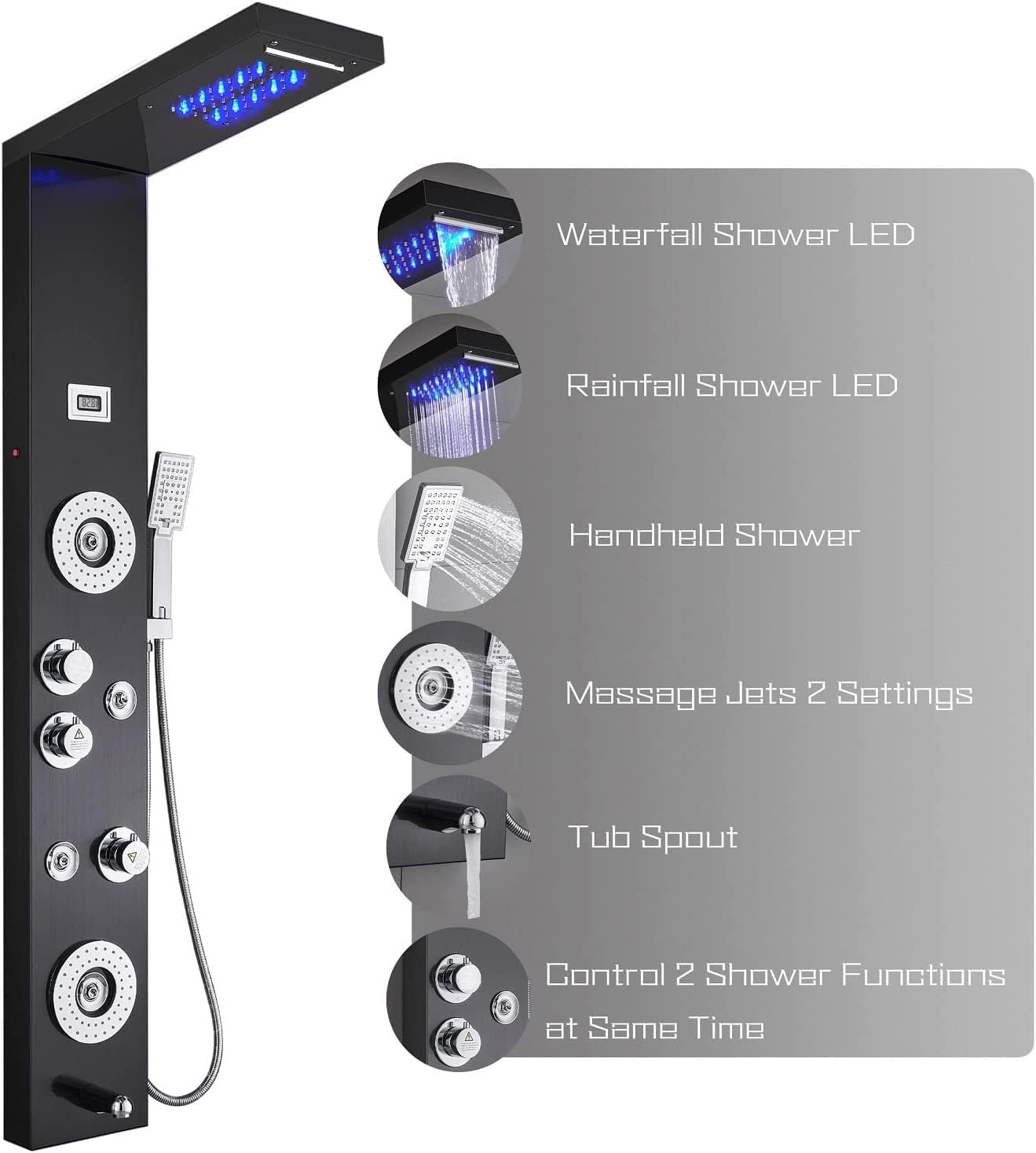 ELLO&ALLO 48" LED Shower Panel Tower - Rainfall & Waterfall Spray, 4 Massage Jets, Black Matte, Wall Mounted